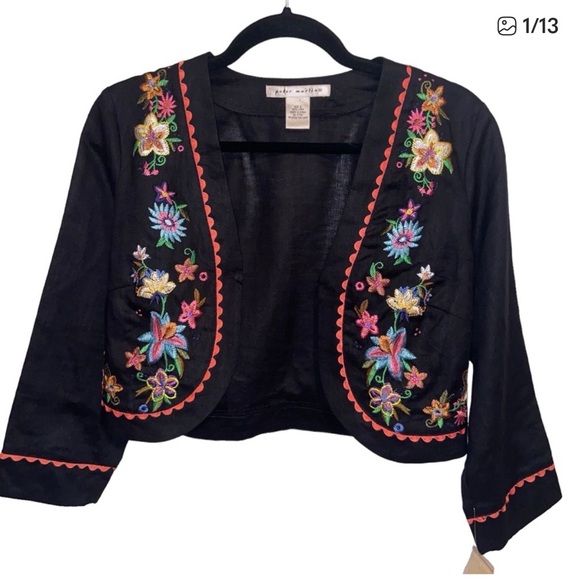 Vintage Jackets & Blazers - Vintage Peter Martin Bolero Jacket Womens Size 4 Linen Floral Embroidered New
